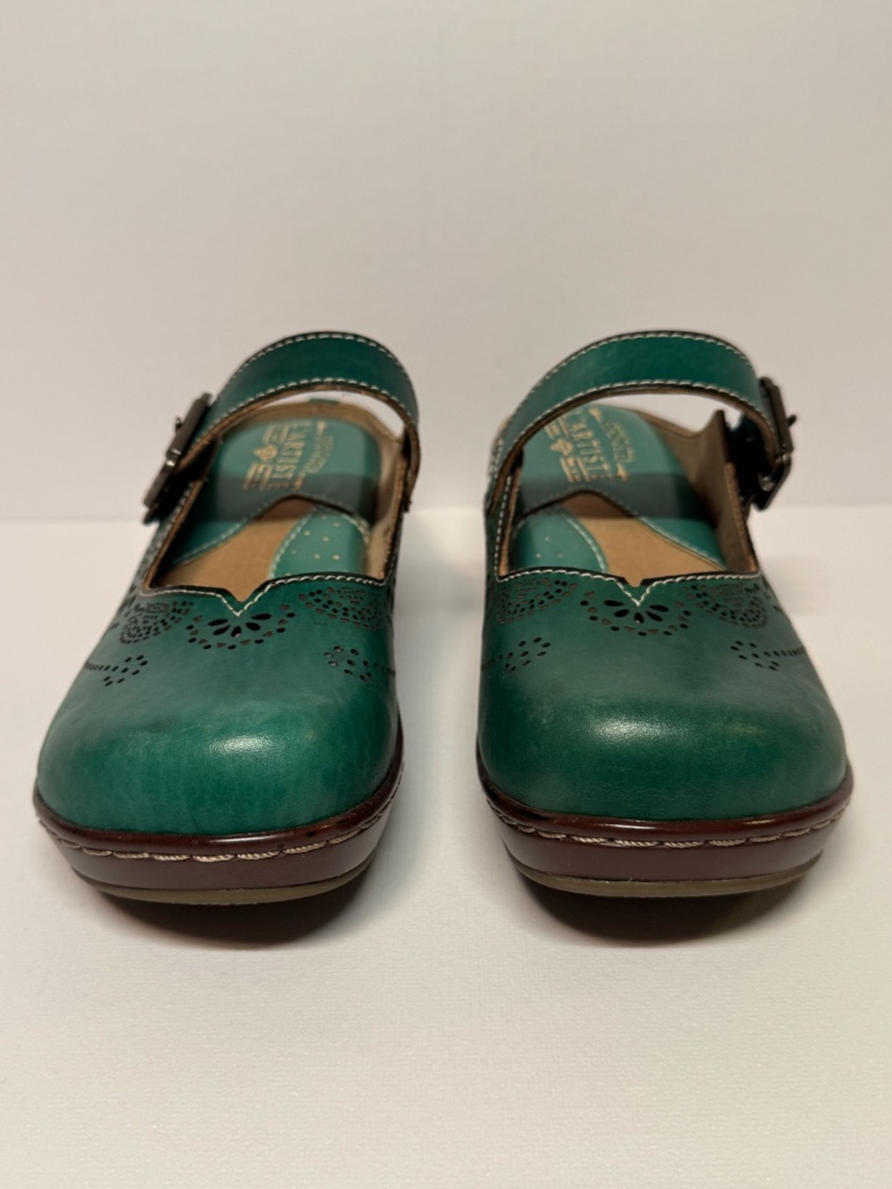 L’Artiste Aneira Green Leather Mary Jane Clogs EU 37 Boho Comfort Clogs - Picture 3 of 13
